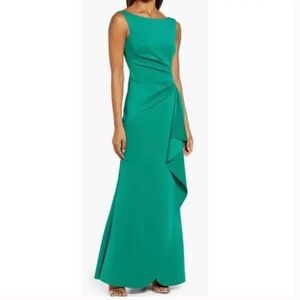 Eliza J Ruched Cascading Ruffle Gown Green Sleeveless Back Zip Long